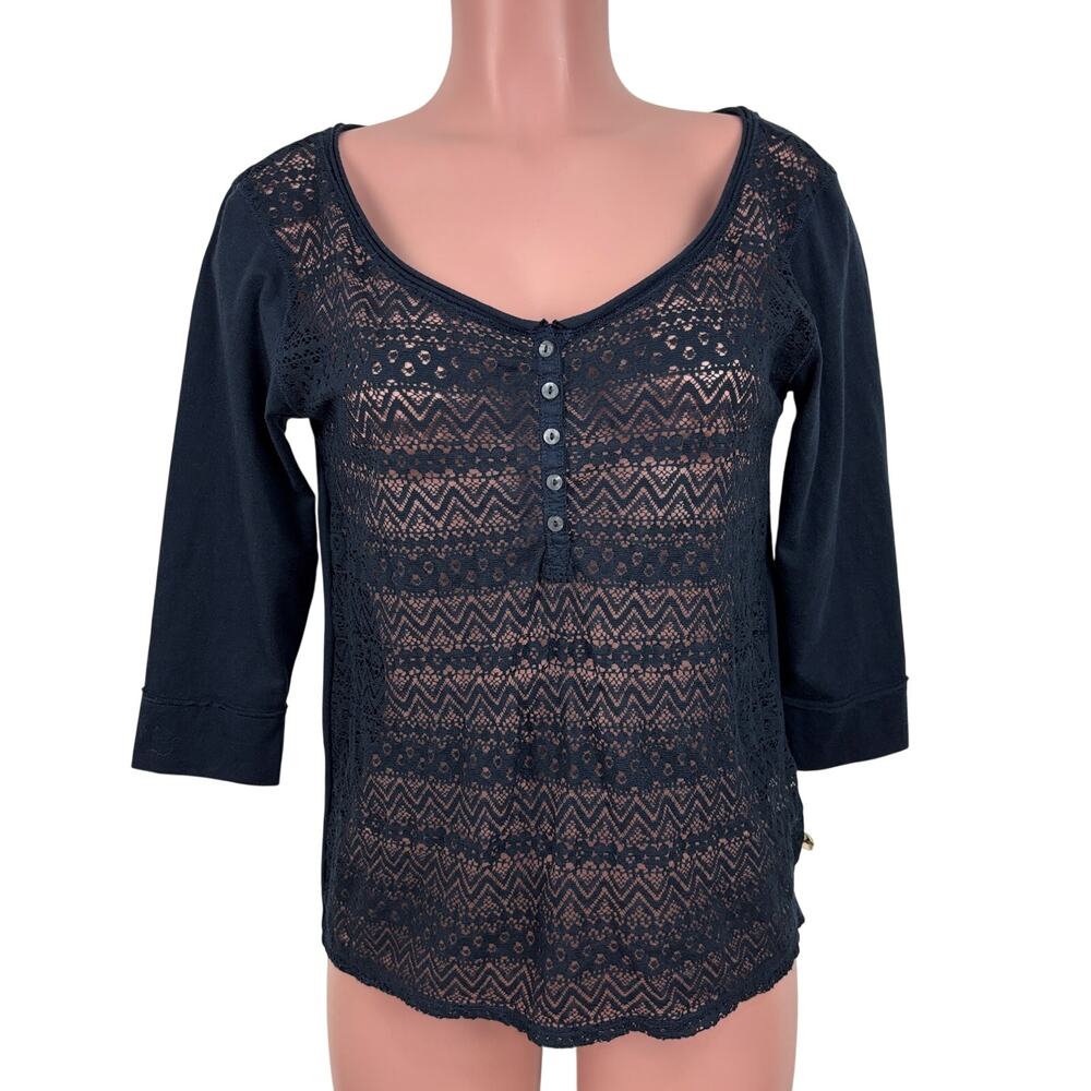 Hollister Y2K Lace Front Henley Top 1/2 sleeve Small Navy Blue layering